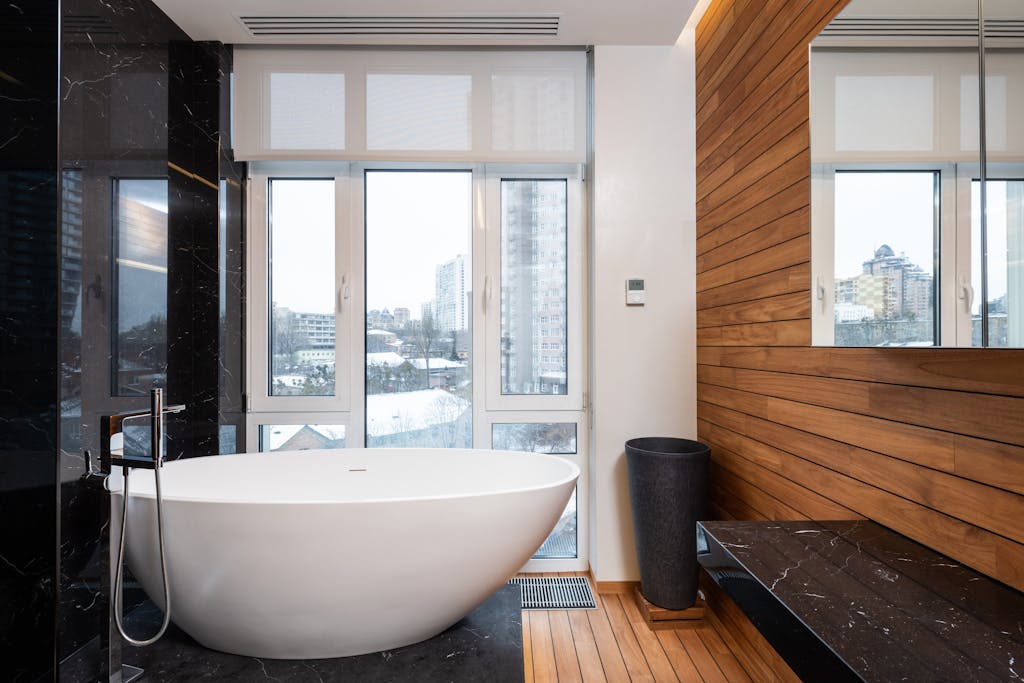 Modern bathroom interior with panoramic window